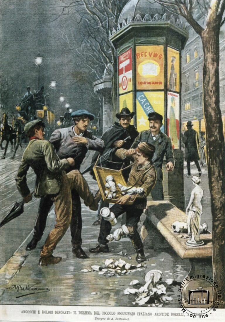 “La Domenica del Corriere”, 14 de abril 1903. Aristide Borelli, jovencísimo figurero, aparece maltratado por algunos transeúntes que destruyen también su cesto de estatuillas