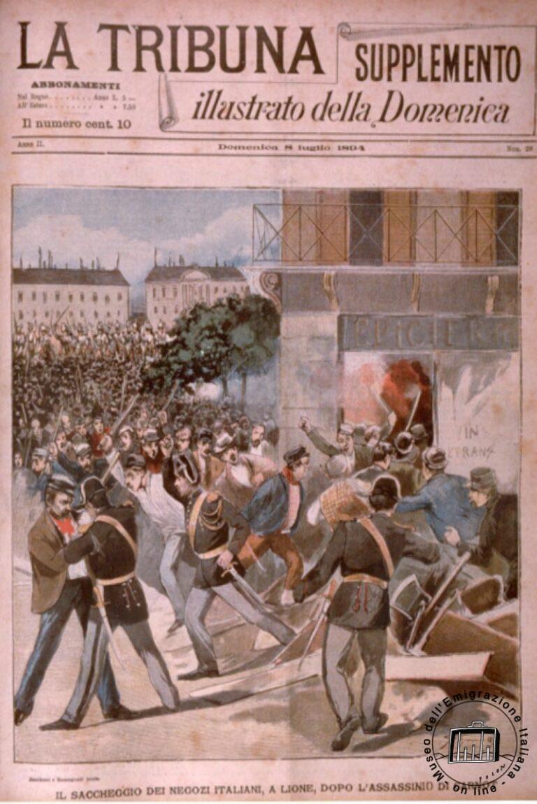“La Tribuna”, 8 de julio 1894. En Lyon fueron saqueados los negocios de italianos después del asesinato del presidente francés Sadi-Carnot por el anarquista italiano Sante Caserio