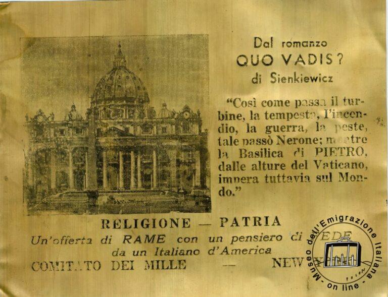 En 1936, y en los años sucesivos, para contribuir a aliviar el peso de las sanciones impuestas a Italia por la comunidad internacional después de la guerra con Etiopía, de los italianos de los EEUU venían enviadas postales de cobre que debían superar, aunque sea, en una pequeña parte, la carencia de materia prima.