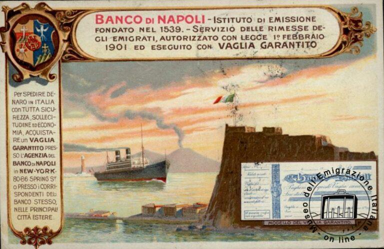 Cartolina pubblicitaria del Banco di Napoli cui, dal 1901, era stato affidato il servizio rimesse dall’estero