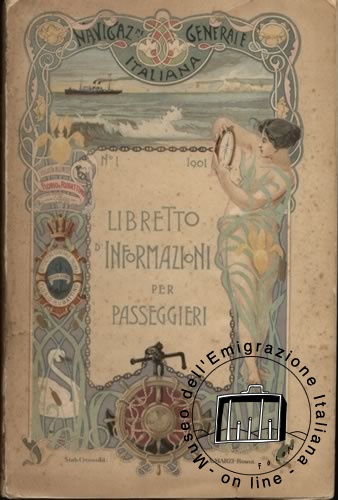 Cover of a leaflet published by the Navigazione Generale Italiana (Italian General Navigation Company) in 1901, featuring useful information for passengers